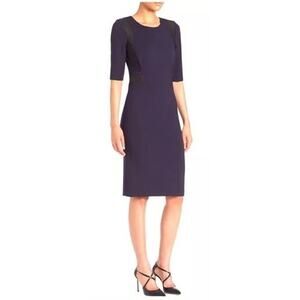 REBECCA TAYLOR navy blue black faux leather panel sheath midi dress
